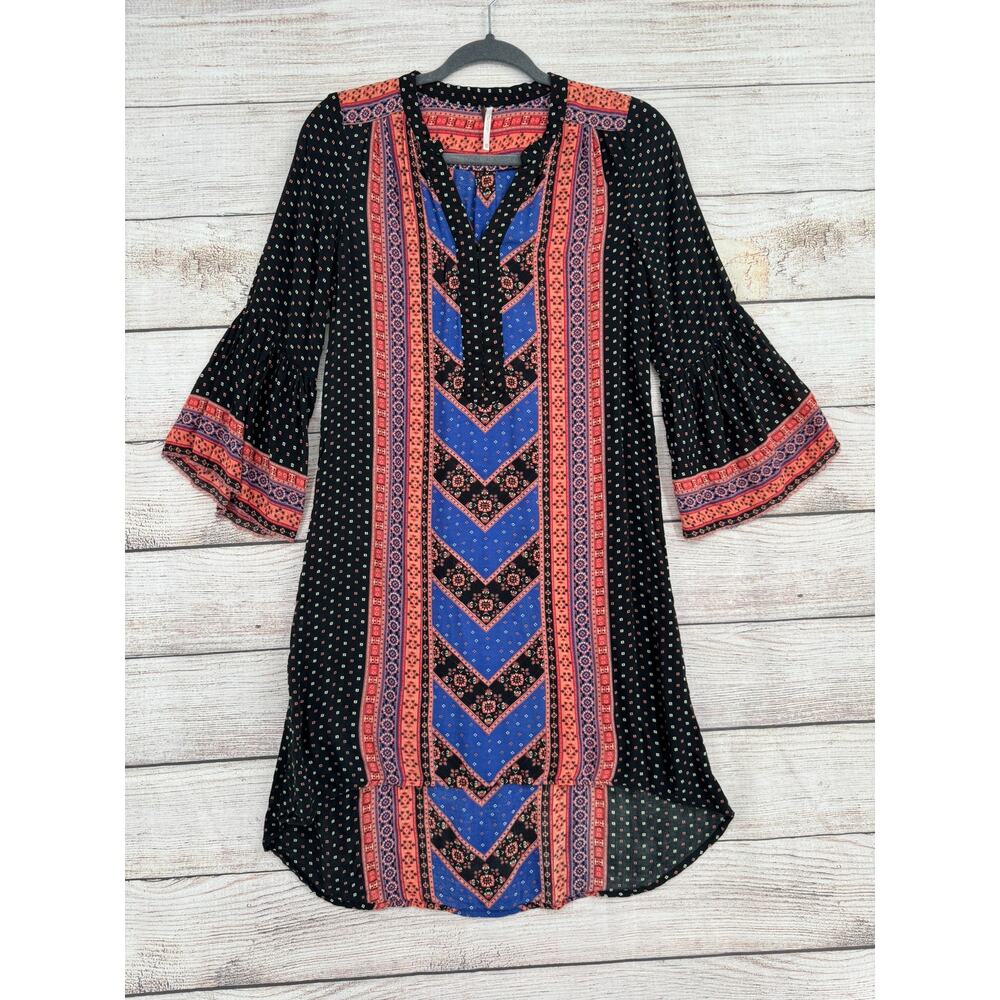 Free People BOHO Print Shirt Dress Womens XS Black Pink Blue V-Neck‎ Lightweight